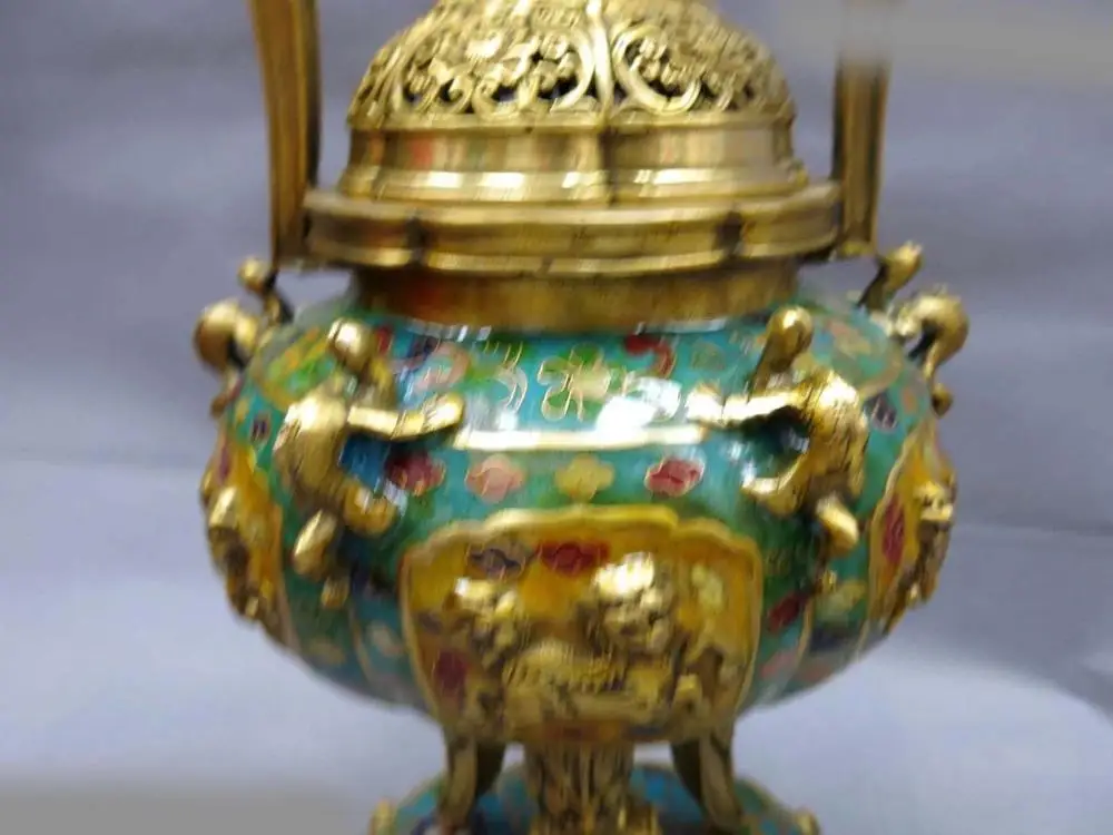 13&quot China bronze gild Cloisonne censer Foo Dog Lion dragon incense burner Statue 32cm | Дом и сад