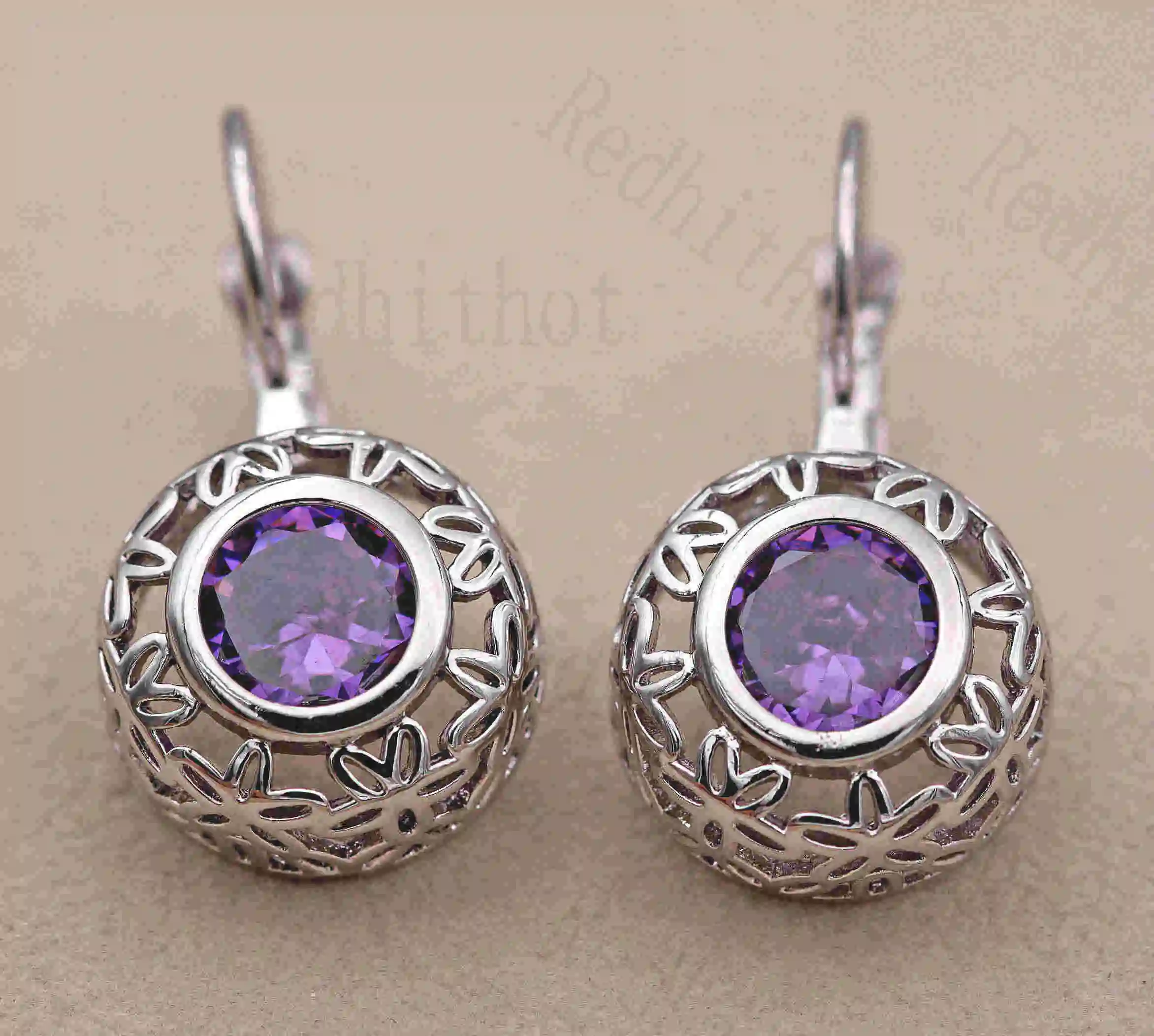 Purple Роскошные женские серьги-кольца из белого золота с круглыми кристаллами и драгоценными камнями, вечерние женские серьги, модные ювелирные изделия для девушек - Окраска металла: Purple