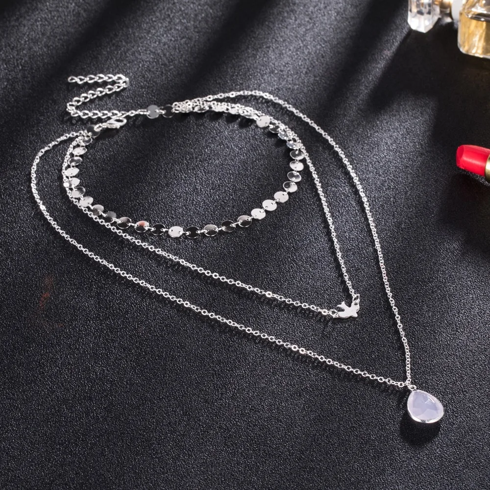 

EN Bohemian Multilayer Water Drop Opal Necklace Peace Dove Layered Long Pendant Necklace For Women's Best Gift