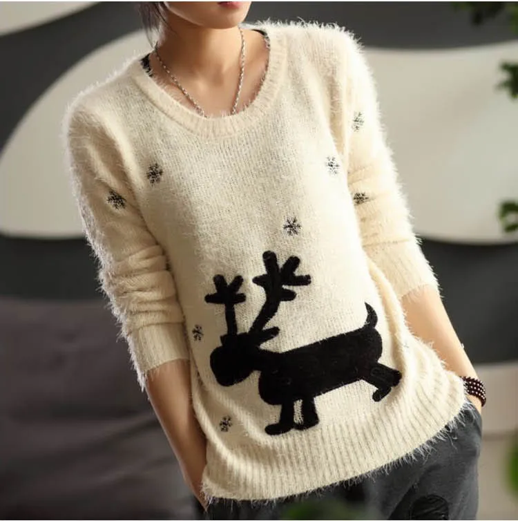 Christmas gift sweater women 2015 winter mohair pullover deer snowflakes M4 | Женская одежда