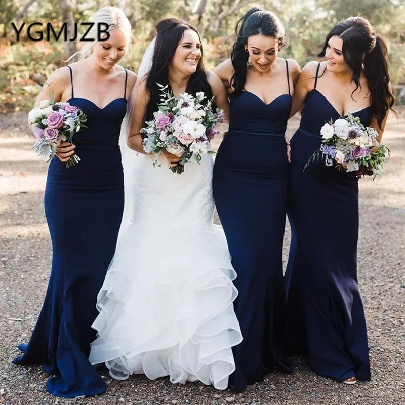 

Cheap Navy Blue Long Bridesmaid Dresses 2019 Mermaid Sweetheart Spaghetti Straps Elastic Satin Women Formal Wedding Party Dress