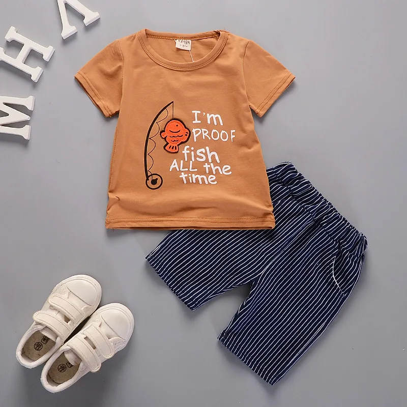 Children Boys boy Cartoon Clothing Sets Baby T-shirt Stripe Shorts 2Pcs/Sets Kids Pure Cotton Garment Toddler Tracksuit | Детская одежда