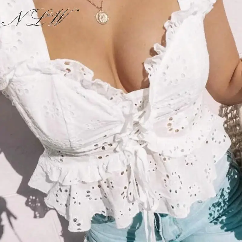 NLW Fashion Embrodiery White Women Crop Tops and Blouse 2019 Summer Casual Ruffle Lace up Shirt Female Sexy Hollow out Blusa |