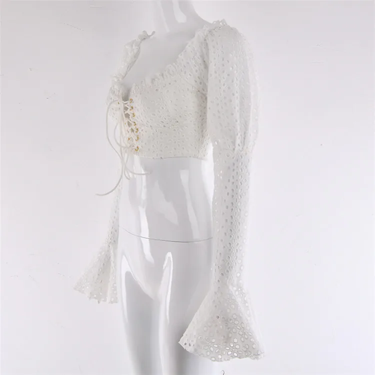 2019 женский сексуальный длинный рукав кружева вверх оборки пляж белый короткий