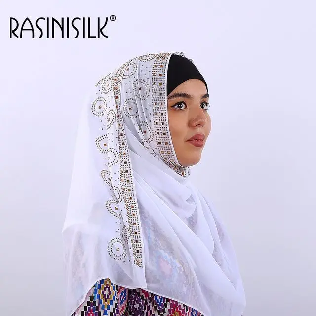 

Plain Muslim Hijabs Premium Bubble Chiffon Scarves For Women Shawls Headscarf Exquisite Rhinestone Floral Islamic Voile 70x170cm