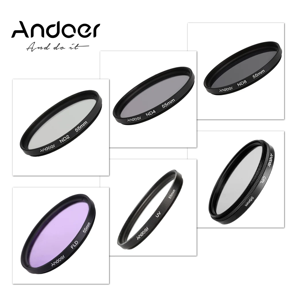 Комплект фильтров Andoer 55 мм UV + CPL FLD ND(ND2 ND4 ND8) для фотосъемки Nikon Canon Sony Pentax DSLRs|filter kit|nd