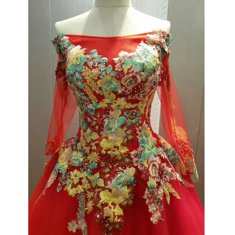 AOLANES 2017 Vestido De Noiva длинное красное вечернее платье с вышивкой и цветами расшитое