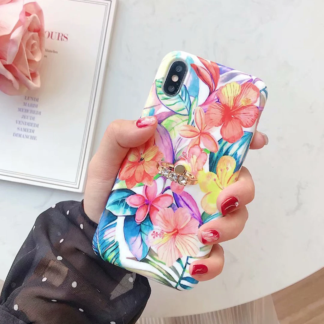 Luxury Finger Ring Holder Floral Phone Case For iPhone X XR XS Max Silicone Soft Shell 8 7 6 6S Plus Cover |