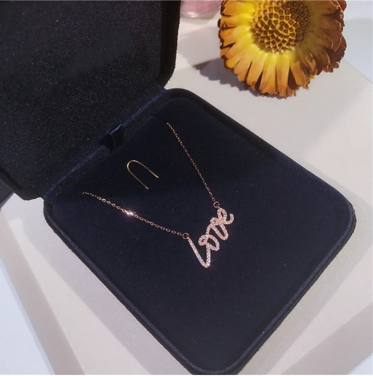 Necklace Love Imitation Silver Chain Letter Personality Clavicle 925 Sterling Paved White Cubic Zirconia Necklaces | Украшения и