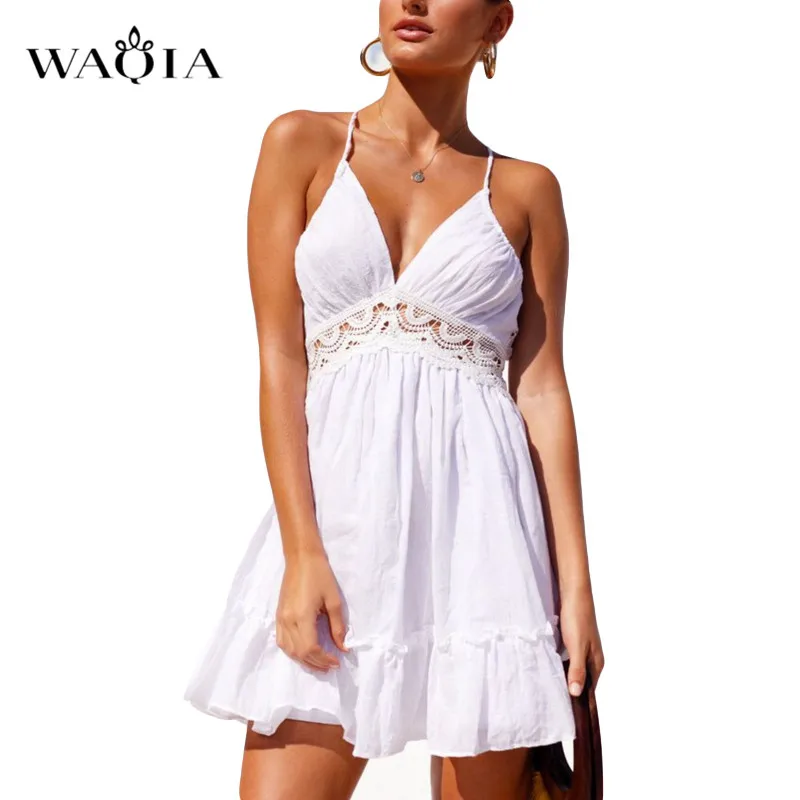 WAQIA Лето Boho платья Для женщин без рукавов с открытой спиной сексуальное