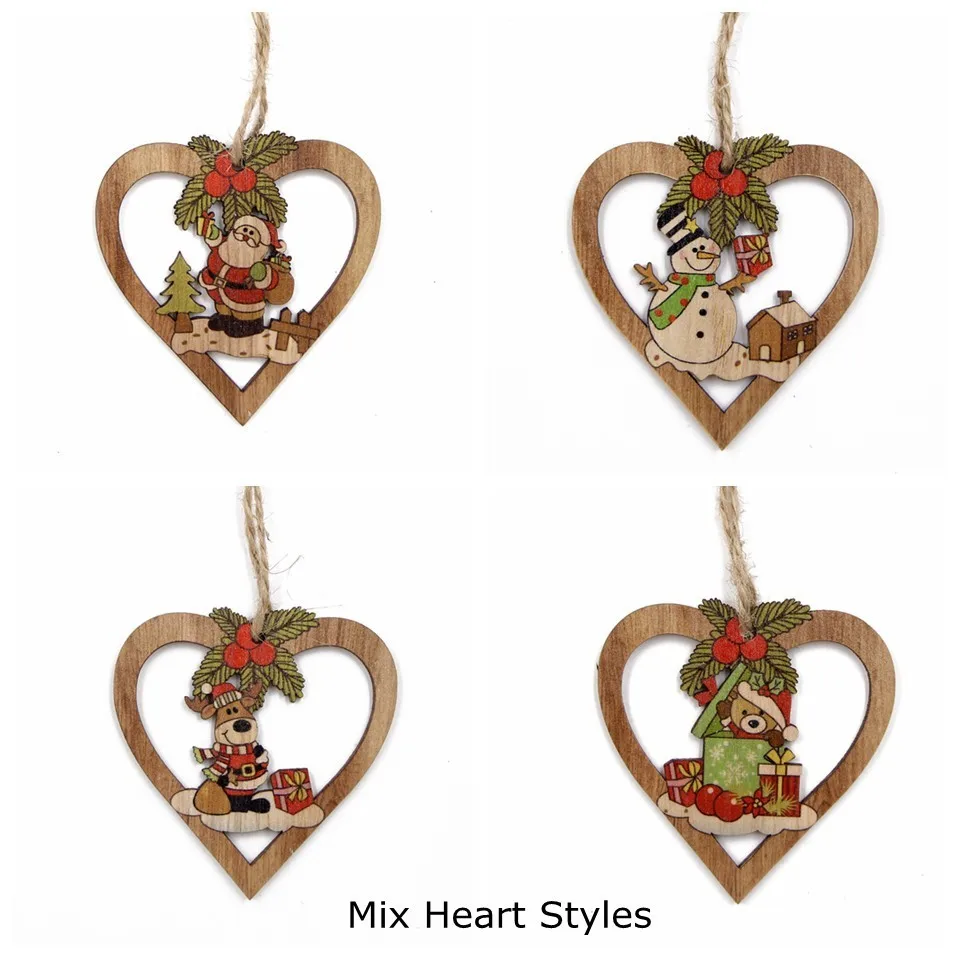 4PCS Star Printed Wooden Pendants Ornaments Xmas Tree Ornament DIY Wood Crafts Kids Gift for Home Christmas Party Decorations - Цвет: 4pcs Mix Heart