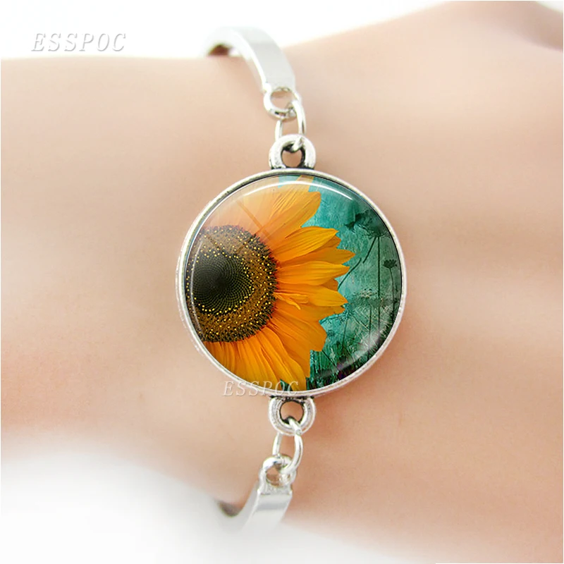 Fashion Accessories Sunflower Glass Cabochon Charm Bracelet Bangle Women Jewelry Valentines Day Gift | Украшения и аксессуары