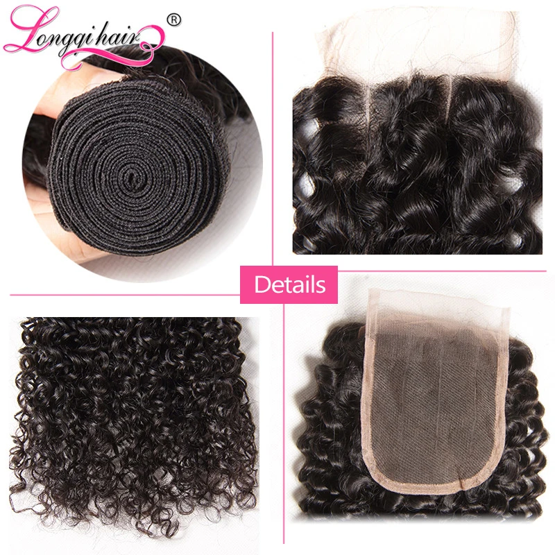 Longqi hair бразильский Реми человеческие волосы пряди с закрытием вьющиеся человеческие волосы 3 пряди с Закрытие 4x4 закрытие волос человеческие волосы переплетения