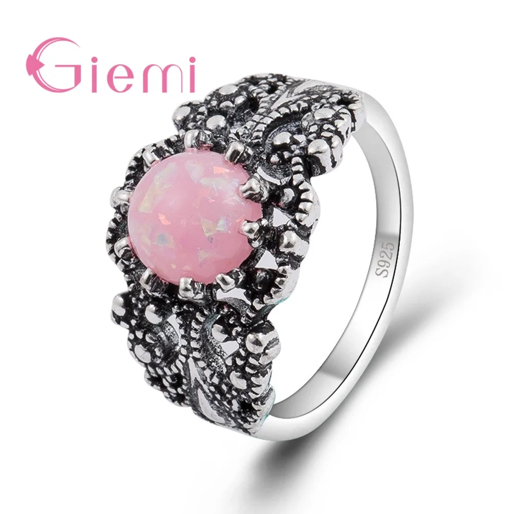 

Hot Sale Women Female Party Jewelry 925 Sterling Silver Vintage Wide Verge Ring With AAA Pink Round Opal Wholesale