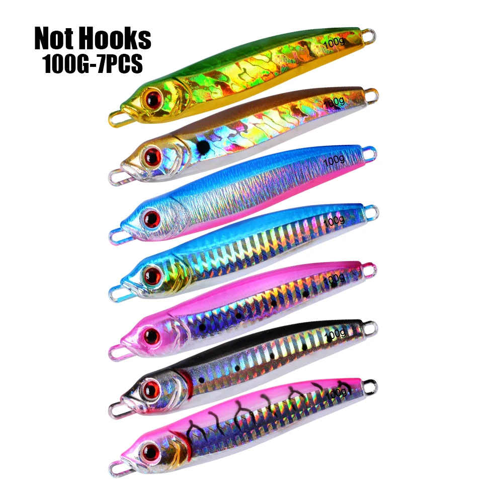 

7PC Metal Fishing Bait 100G Lead Fish Jig Fishing Lure with Hooks 7 Colors Scale Fishing Lure Artificial Hard Jigging Bait