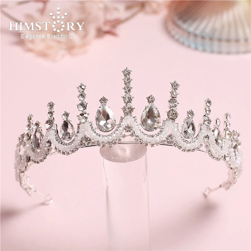 

HIMSTORY Handmad Shinny Wedding BEaded Hair Crown Clear Crystal Princess Tiaras Wedding Hair Accessories Hair Jewelry