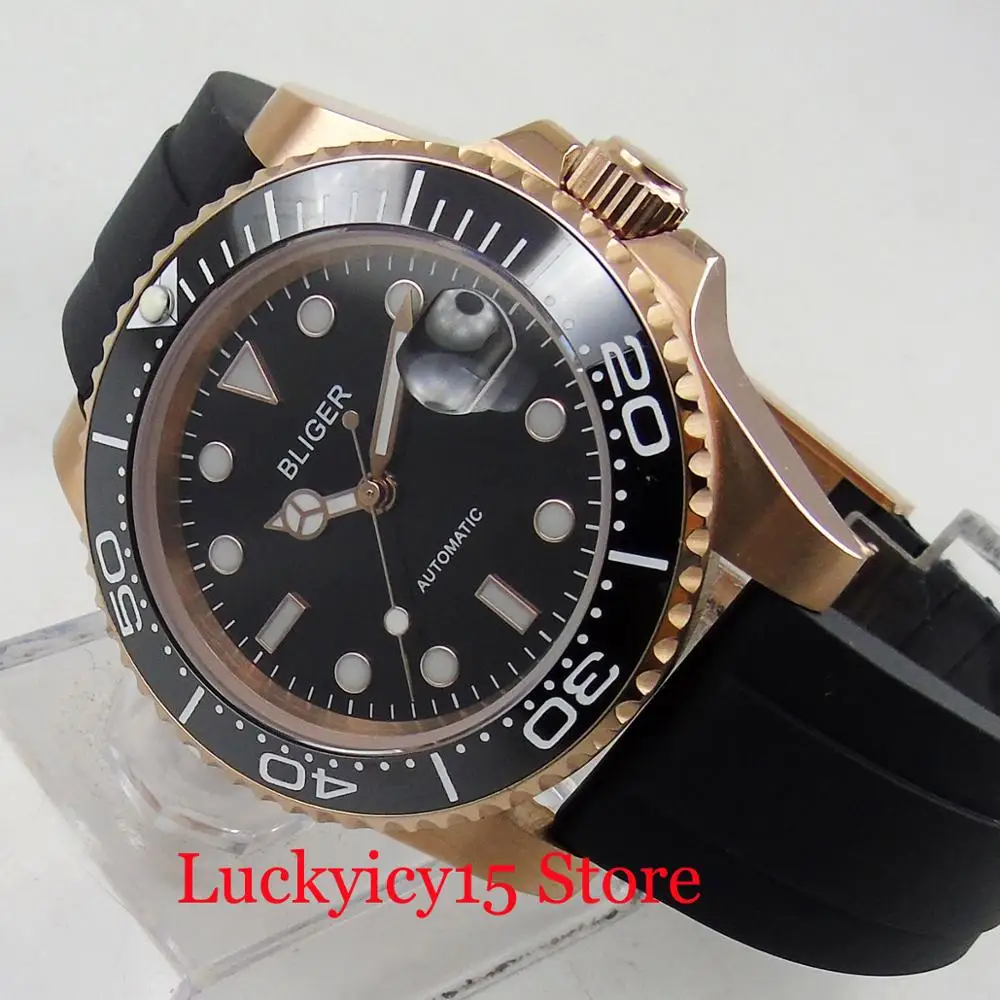 BLIGER 40 мм черный циферблат сапфировое стекло Резиновый Ремешок Автоматические