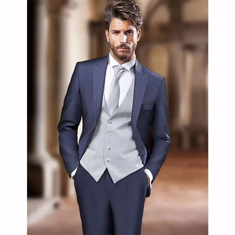 Custom Made Groomsmen Peak Lapel Groom Tuxedos Navy Blue Men Suits Wedding Best Man Blazer (Jacket+Pants+Tie+Vest)