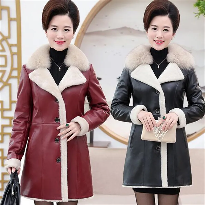 

New Winter Jacket Women High-grade Artificial Fur Coats PU Jacket Plus Size Thick Winter Leather Jacket Middle-aged Female Coat