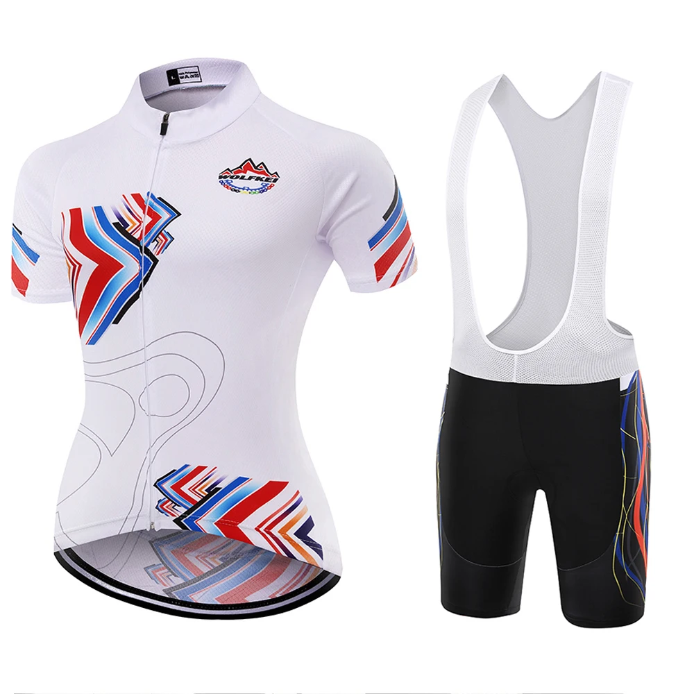 Wolfkei красочные белый Велоспорт Джерси + нагрудник Шорты для женщин комплект/MTB