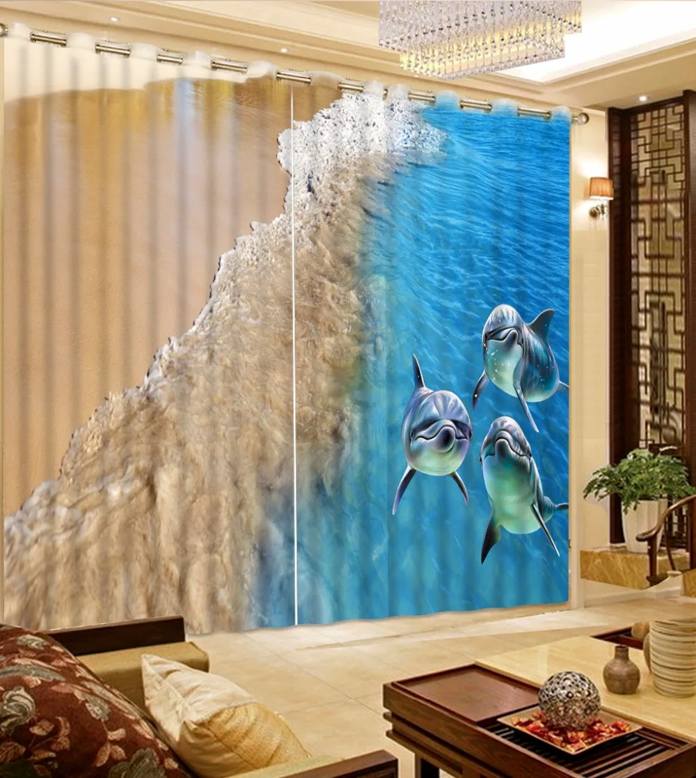 Затемненные пляжные занавески с дельфинами крючки из полиэстера для гостиной