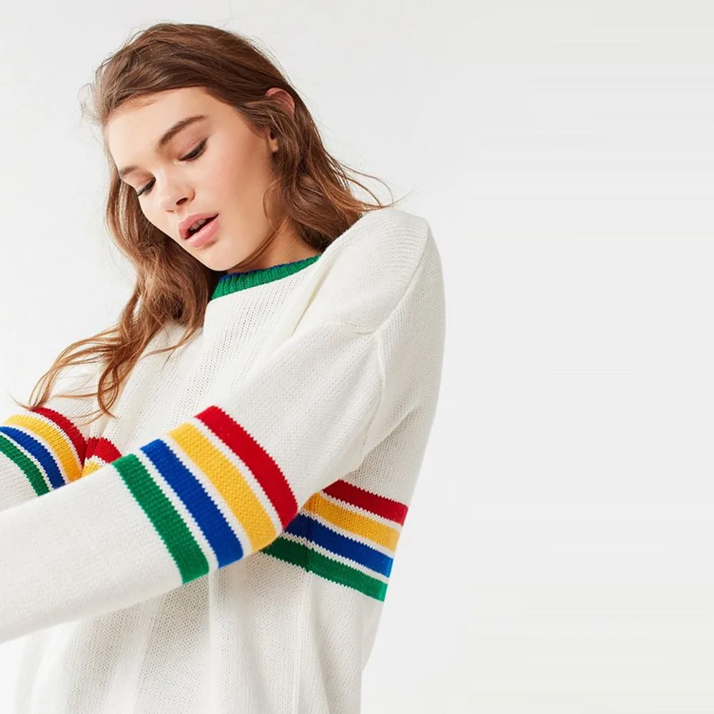 Darcydebie Women Autumn Sexy Sweet O neck Rainbow Knitted Striped Loose Casual Girl Pullover Sweater Tops | Женская одежда