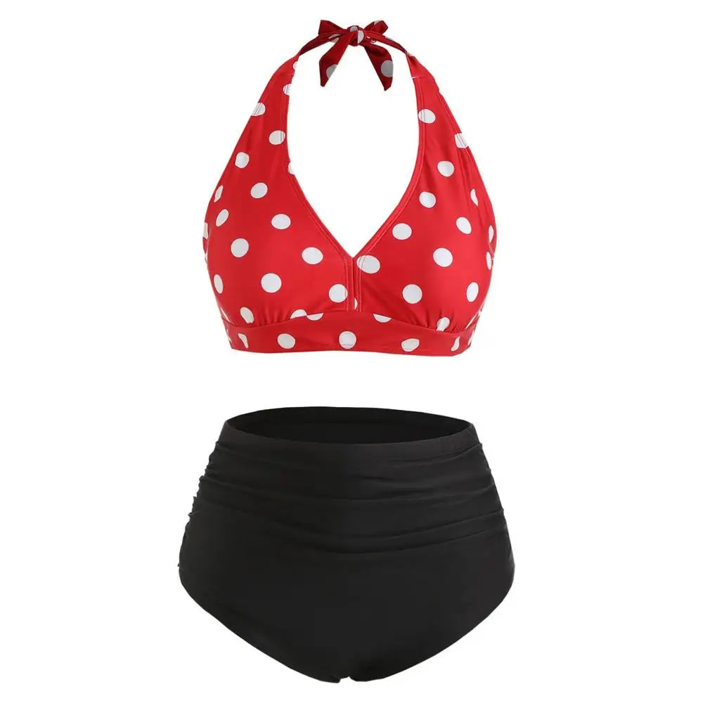2019 Women swimwear Summer Plus Size maternity Ladies large Wave Dot Print Hanging Neck Straps Split Swimsuit A1 |
