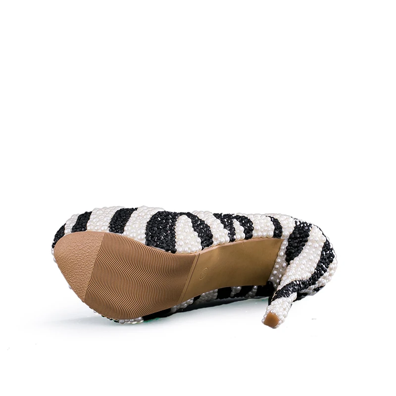 

Zebra White and Black Pearl Party Shoes High Heel For Lady Round Toe Wedding Bridal Shoes Evening Pumps Fashion Lady Single Shoe