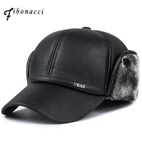 fibonacci high quality mens winter hat warm ear protection plus velvet thick middle aged elderly leather baseball cap