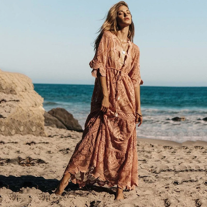 

2019 fashion lace dress loose thin waist sleeves big swing beach holiday sundress