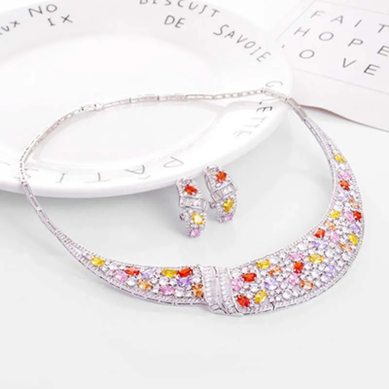 BE8 Brilliant Cubic Zirconia Bridal Jewelry Set For Women New Fashion Dubai Choker Necklace Sets Dress Accessories S-021 | Украшения и
