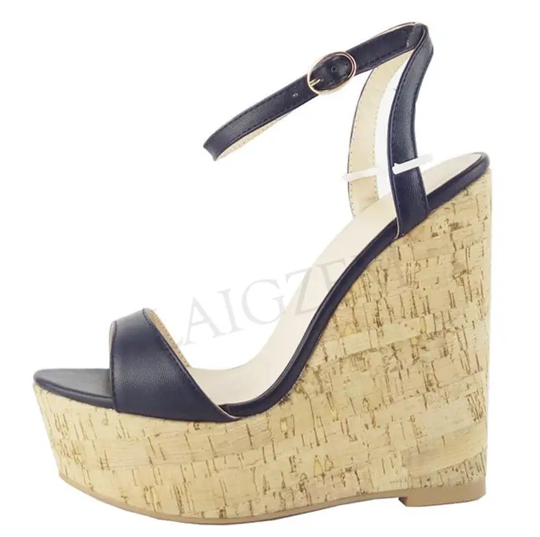 LGZ475 Navy Blue LAIGZEM/женские босоножки Туфли-лодочки на танкетке с ремешком на щиколотке и деревянным принтом женские туфли для клубов вечеринок; Sandalia; размеры 34-45 - Цвет: LGZ475 Navy Blue