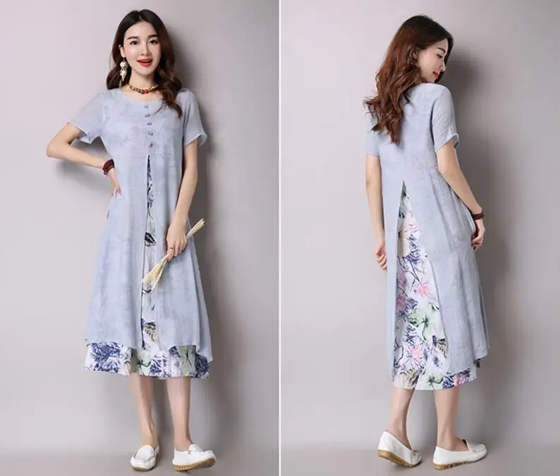 2017 винтажное женское платье с круглым вырезом и коротким рукавом Двухслойное