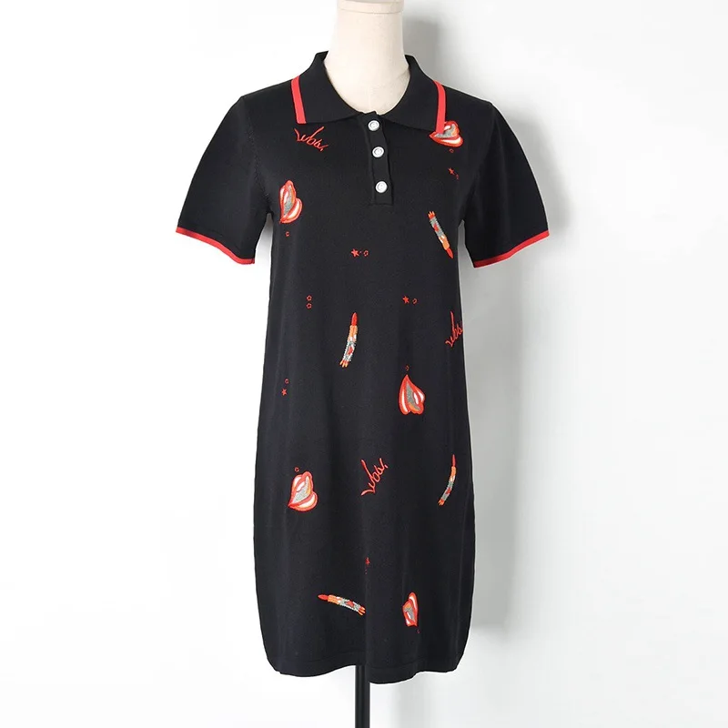 Элегантный дизайн платье поло вышивка вязать короткое мини 2019 отложным