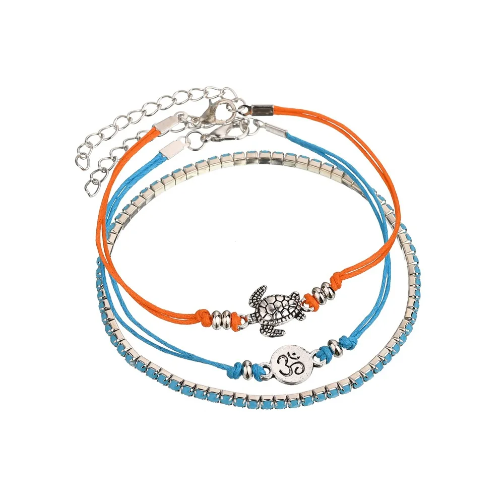 

New bohemian orange hand-woven rope adjustable sea turtle anklet, 3D flower bracelet with blue beads and bare anklets