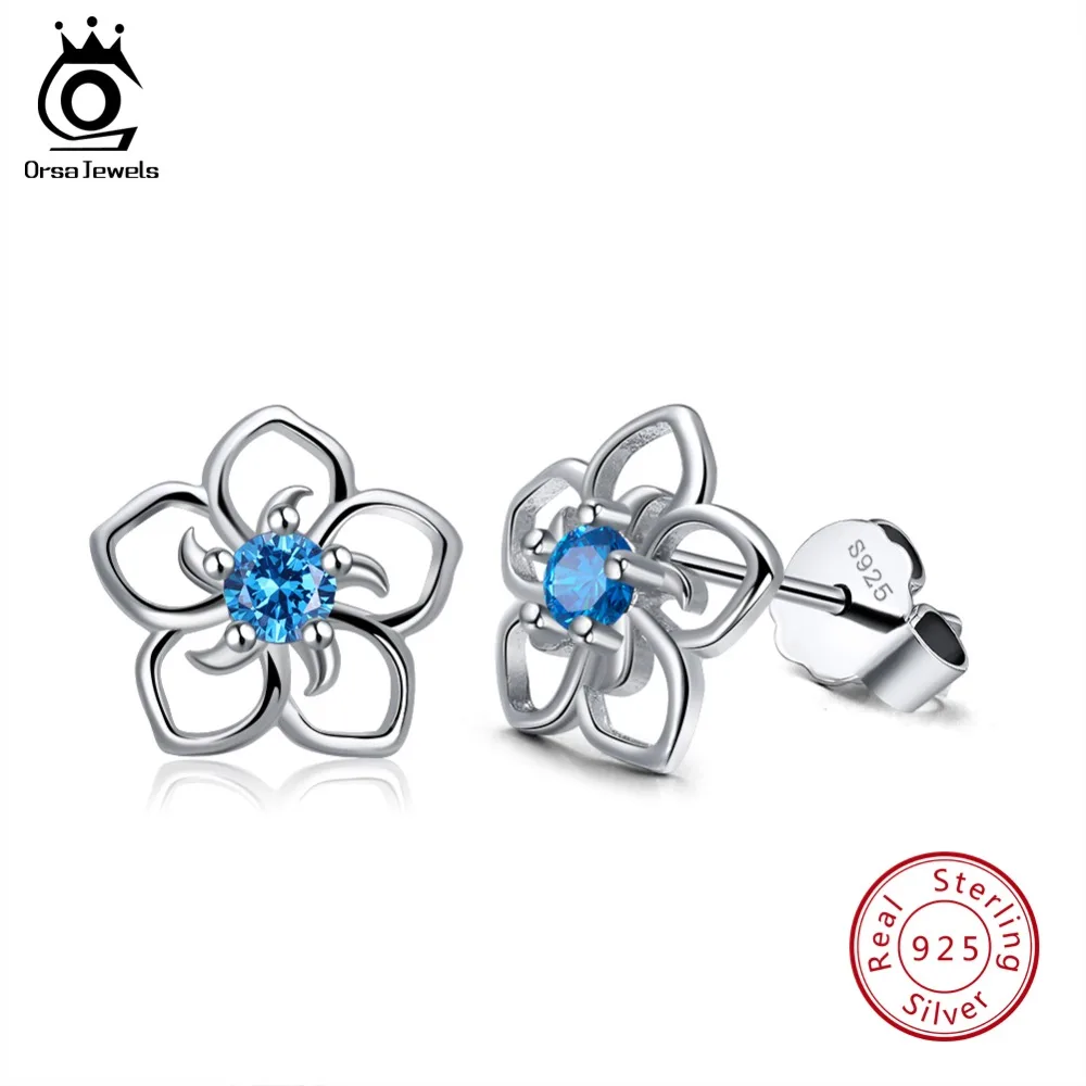 ORSA JEWELS настоящий 925 пробы, серебряные ювелирные наборы, выдолбленный цветочный дизайн с голубым AAA CZ вечерние колье серьги SS23-L