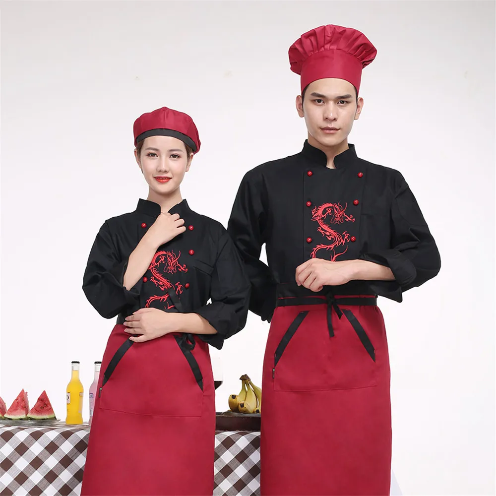 Костюм повара для кухни, унисекс, с вышивкой дракона, двубортный, Осень-зима, для ресторана, хлебобулочных, Униформа, Cozinha, рабочая одежда, XL-4XL