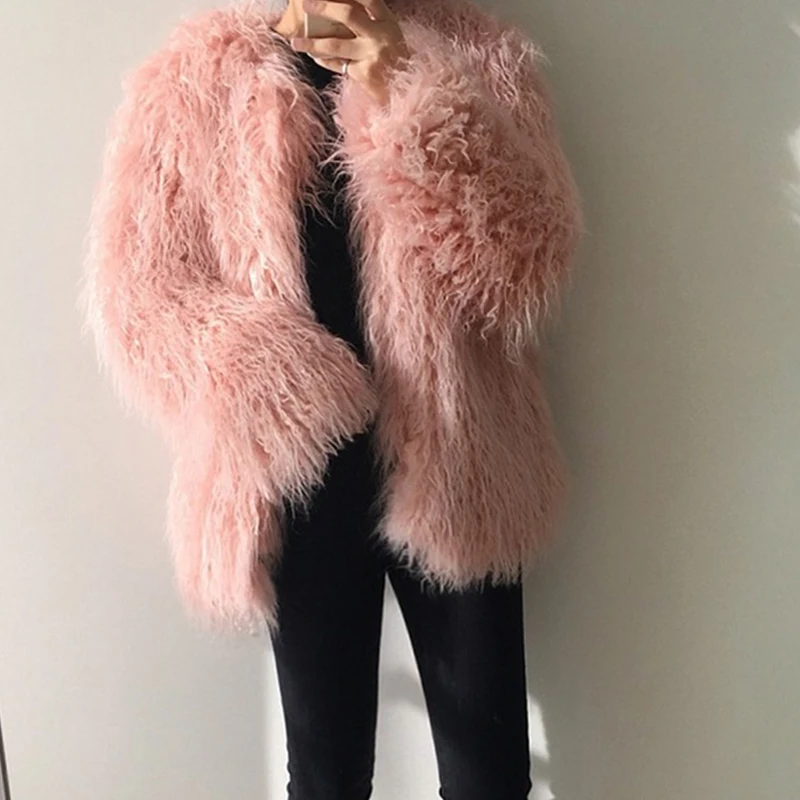 Осень пальто с мехом женский розовый мода slim имитация Монголия овечьем меху - Фото №1