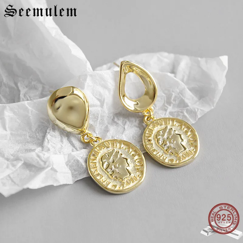 Seemulem 925 Серебряные винтажные асимметричные серьги в виде монет серебро золото