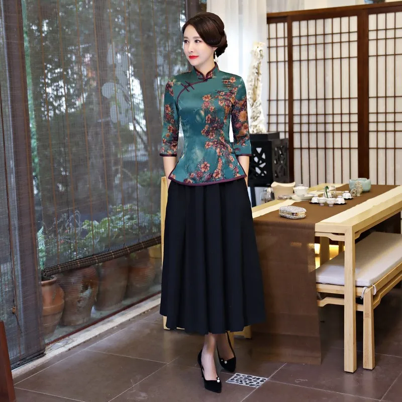 

Vintage Chinese style Blouse Skirt Sets Women Silk Shirt Mandarin Collar 2pc Clothing Summer Qipao Button Dress Size S-XXXL