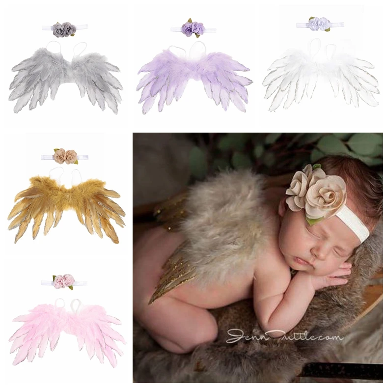 Newborn Angel Feather Wings Gold/Silver Edge with Leaf Flower Baby Headband Infant Photo Shoot Set Halloween Birthday Gifts