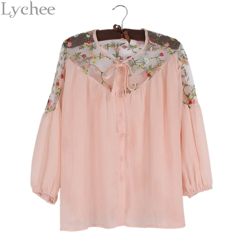Женская шифоновая блузка с цветочной вышивкой и рукавами фонариками|chiffon shirt