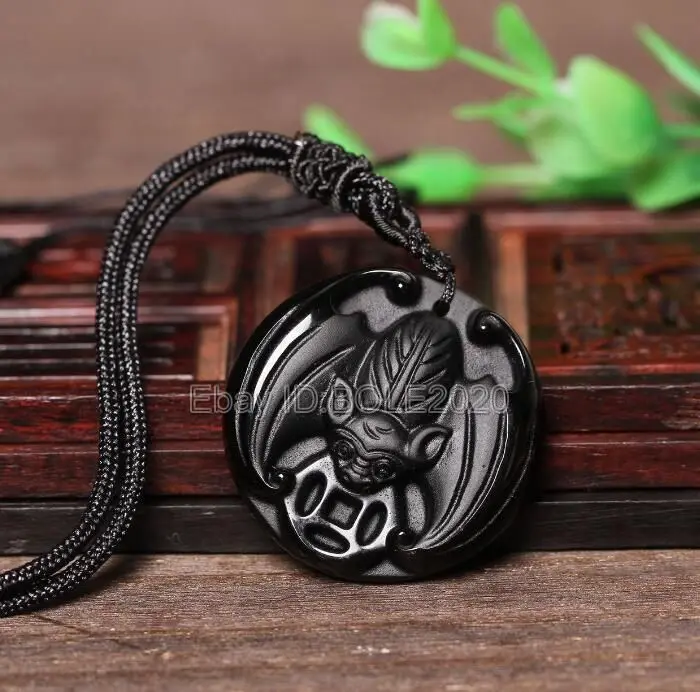 free shipping 100% Natural Black Obsidian Carved Chinese Bat Fu Lucky Pendant + Necklace gemstone fine jewelry | Украшения и