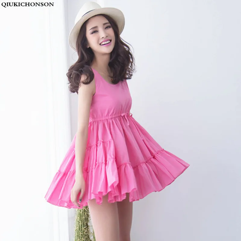 

kawaii pleated sexy ruffle dress high waist women summer dress 2018 korean fashion o-neck sleeveless sundress women mini dress