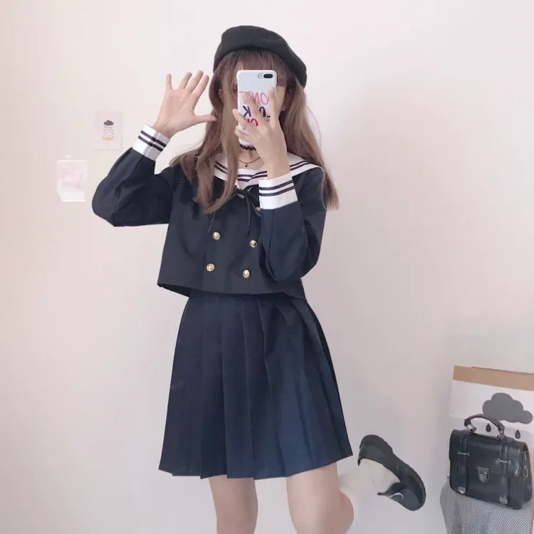 Японские JK наборы школьная форма Kawaii для девочек матросский воротник пальто+ плиссированная юбка комплект из 2 предметов осенние школьные женские костюмы