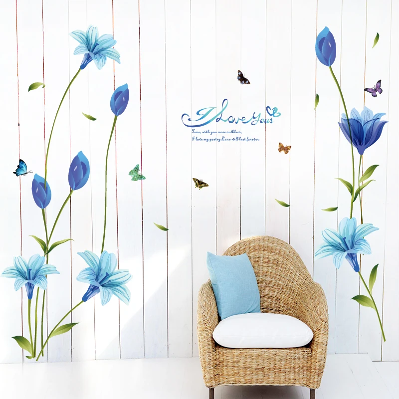 [Fundecoration] синие лилии наклейки на стену домашний Декор Гостиная Спальня Окно