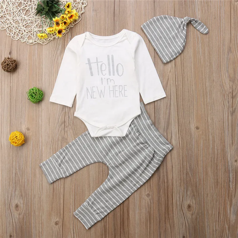 Newborn Baby Boys Girls Clothes Set Autumn Long Sleeve Tops Bodysuit Stripes Pants Hat Boy Girl Clothing Outfits 0-24M 3Pcs | Детская