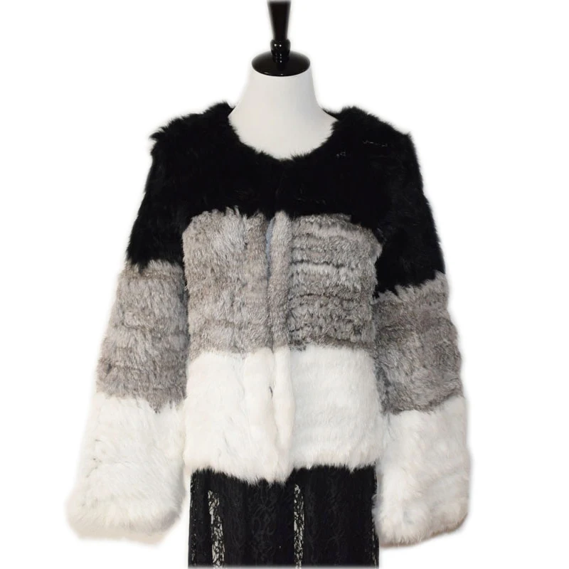 100% Natural Real Knit Rabbit Fur Cardigan Coat Jacket Thick Irregular Collar Garment Rabbit Fur Knitted Outerwear