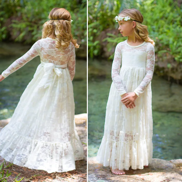 kids dresses for special occasions vintage flower girls wedding lace long sleeve party beach dress | Детская одежда и обувь