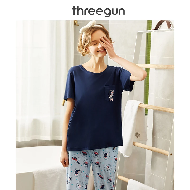 THREEGUN новинка свободная Пижама с коротким рукавом 100% хлопок женский домашний